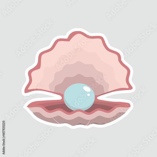 Open Seashell with Pearl Sticker. A delicate open seashell revealing a lustrous pearl, symbolizing beauty, rarity, and ocean treasures