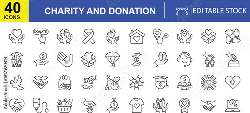 Charity and Donation Icons: A collection of editable stock icons related to charity, donation, and humanitarian causes, perfect for visual communication about giving.