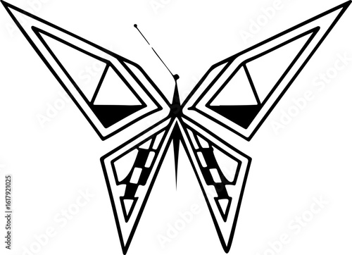 Stylized butterfly with geometric patterns and triangular shapes in black and white outline design