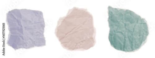 Crumpled pieces of paper. Colored scraps of wrinkled cardboard, blank note, part of used damaged page. Contemporary collage art, cut out jagged edge, wrinkled surface. Vector halftone.