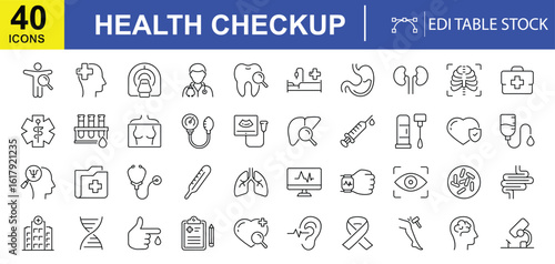 Health Checkup Icons: A set of 40 meticulously crafted icons, representing various aspects of health checkups and medical examinations, offering a clean and informative visual resource.