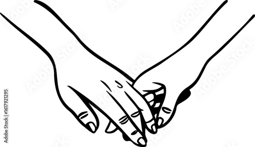 Illustration of two hands intertwined in a gesture of love support and connection in black and white line art