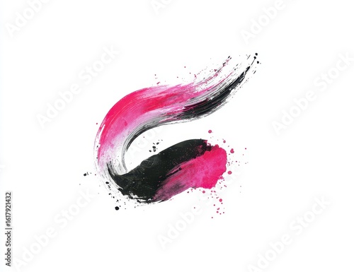 Abstract paint stroke in vibrant pink and black, swerving design, isolated on white