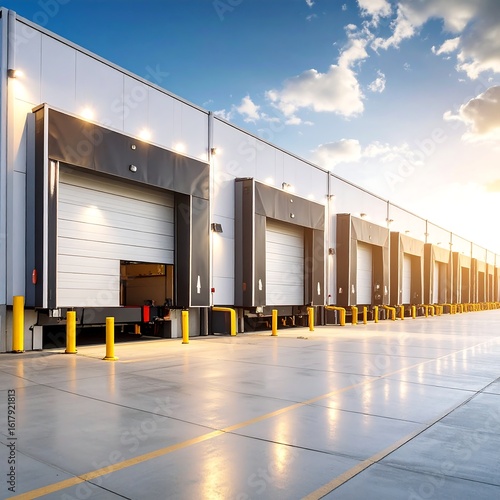 Modern warehouse facility at sunset