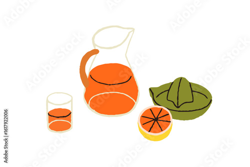 Orange juice in jug and glass. Fresh citrus drink in pitcher. Summer fruit beverage. Organic natural healthy vitamin refreshment, manual squeezer. Flat vector illustration isolated on white background