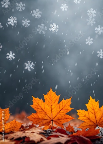 Autumn leaves fall as first snowflakes descend in a magical winter transition