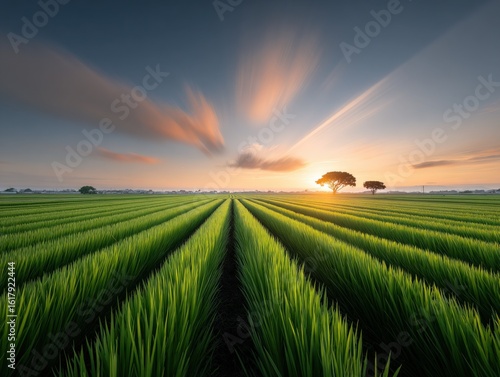 Vibrant green crop fields with neat rows at sunset, orange and blue sky with dramatic clouds and a few silhouetted trees, rural farmland scene