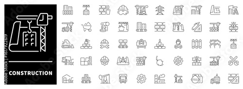 Detailed linear icon set of 50 construction-related illustrations. Includes tools, equipment, workers, vehicles, and safety gear.