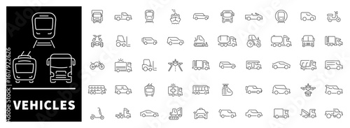 This linear set includes 50 icon illustrations of different types of vehicles. Encompasses land, air, and water transportation.