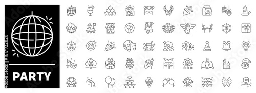 Collection of 50 festive linear icons celebrating fun, music, and events. Includes decorations, dancing, drinks and party symbols for any celebration-themed design.