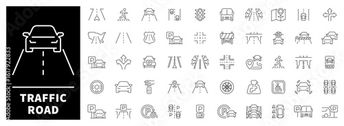 Icon pack of 50 linear illustrations of traffic road infrastructure and traffic elements. Includes street signs, vehicles, highways, and road safety symbols.