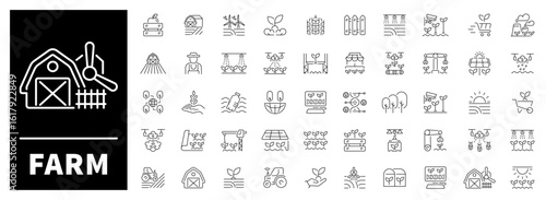 50 detailed linear icons focused on agriculture, rural life and farming tools. Great for food production, organic farming and sustainability designs.