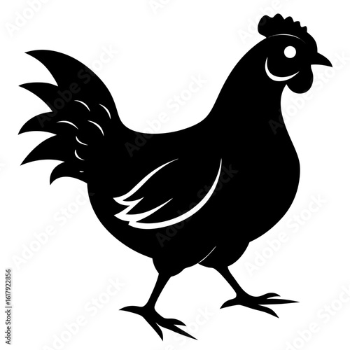 Here are a few options for naming the image:

Rooster silhouette vector on white with farm poultry illustration

Isolated cartoon rooster and hen vector illustration

Black fowl silhouette with chick 