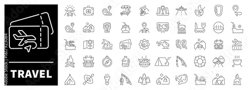 Travel destinations, vehicles, luggage, and navigation elements set of 50 linear icons