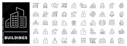 Homes, apartments, offices, public buildings, and skyscrapers rendered in elegant linear structure. Structural set of 50 outline icons related to buildings and architecture