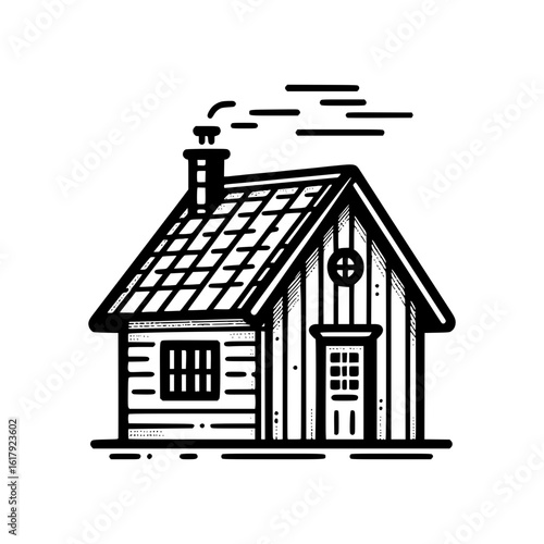 Rustic wooden cabin with smoke coming from chimney line art