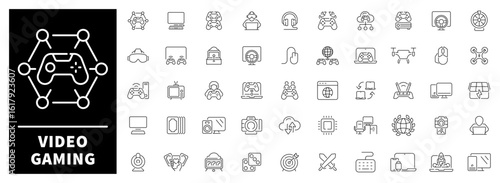 Controllers, consoles, screens, characters, and levels displayed in playful linear design. Gamer-oriented collection of 50 line icons for video game content