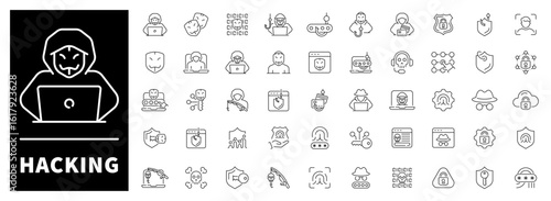 Laptops, code, anonymous faces, viruses, outline collection. Cybersecurity and attack-themed set of 50 outline icons