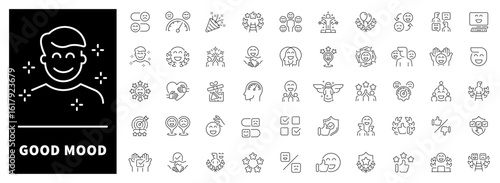 Good mood vector icons. Set of 50 outline good mood icons. Smiles, positive gestures, happy faces, sunny weather, and joy visualized in cheerful line style