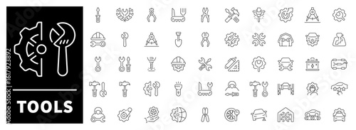Tool vector icons. Set of 50 linear tools icons. Hammers, wrenches, drills, saws, and technical equipment drawn in clean industrial style