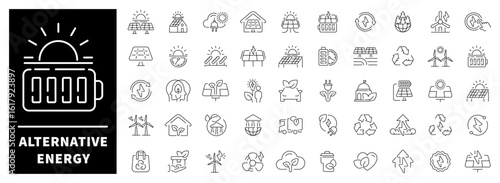 Alternative energy vector icon set. Set of 50 outline icons related to alternative energy. Solar panels, wind turbines, batteries, and eco symbols illustrated with minimalist energy-line design
