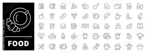 Food vector icon set. Set of 50 outline food icons. Meals, drinks, fruits, kitchen utensils, and dining items presented in tasty linear visuals