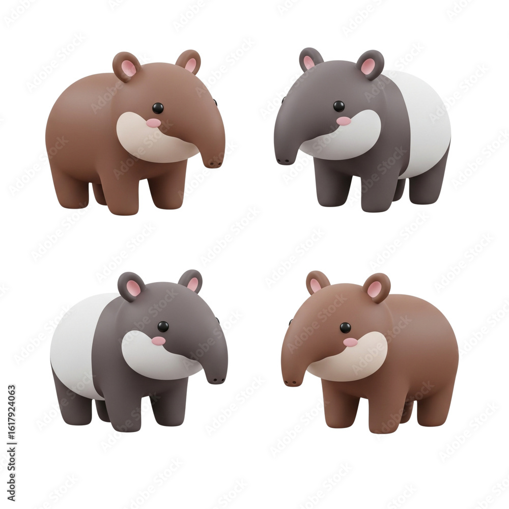 Obraz premium Four adorable cartoon tapirs in different poses and colors