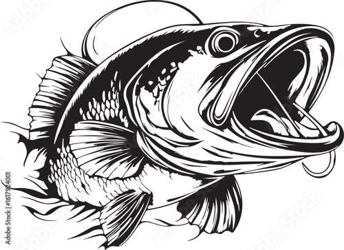 Detailed Black and White Largemouth Bass with Open Mouth Illustration