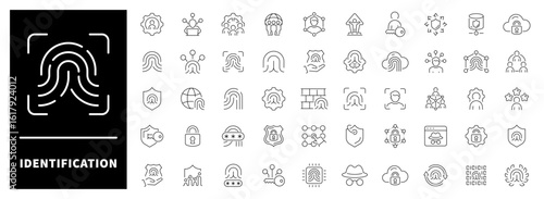 IDs, documents, fingerprints, face scans, QR codes, and personal info visualized in sleek line art. Personal verification set of 50 outline icons for identity topics