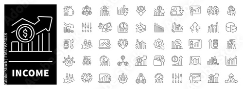 Charts, arrows, coins, graphs, and fluctuations illustrated in analytical linear visuals. Financial change represented in a set of 50 outline icons for income growth and decline