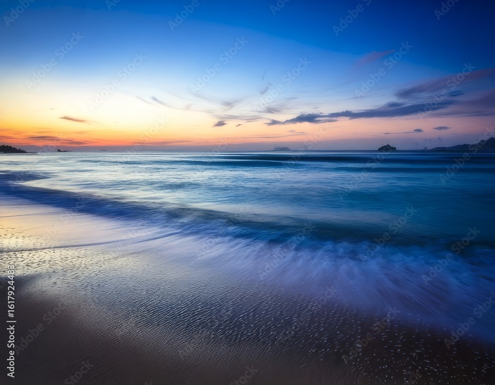 Fototapeta premium Golden sunset paints the sky over the ocean waves and sandy beach