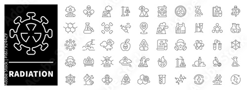 Hazard signs, warning icons, radiation waves, and nuclear energy elements in sharp outline visuals. Alert-focused pack of 50 linear icons around radiation and danger symbols