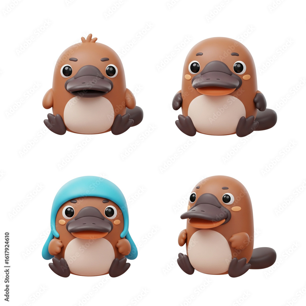 Fototapeta premium Four adorable cartoon platypus toys on a white background
