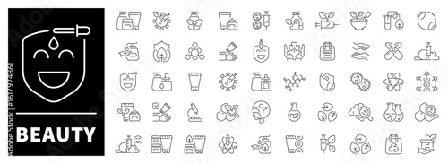 Cosmetics, natural skincare, spa items, and feminine tools illustrated 50-icon linear collection