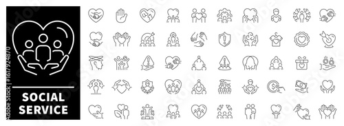 Social service, helping hands, donations, community care, and volunteer support 50-icon linear set