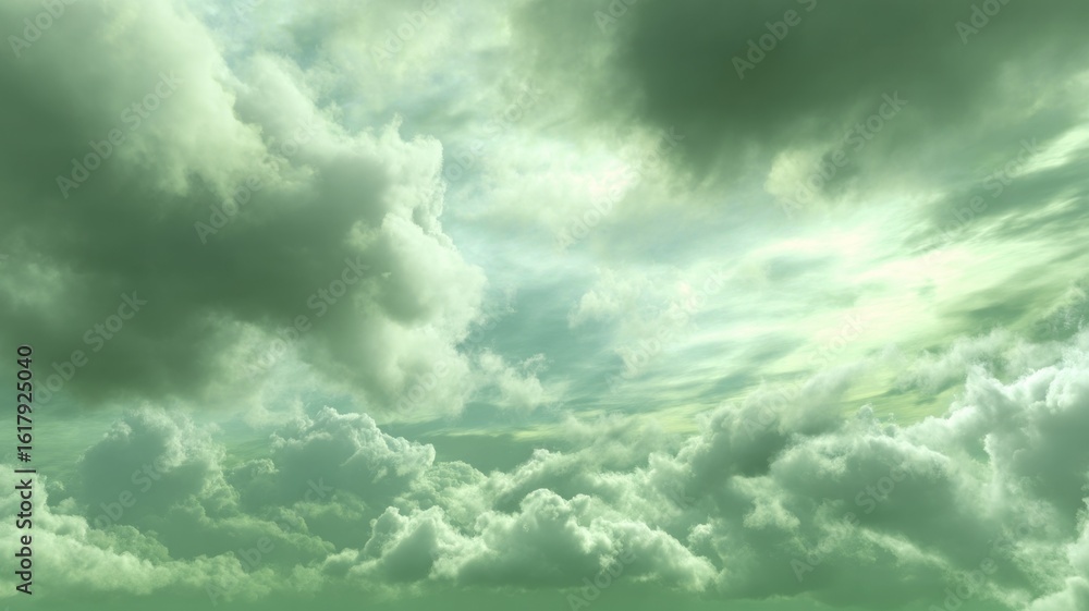 Obraz premium Dramatic green sky with sunlit clouds. AI generated