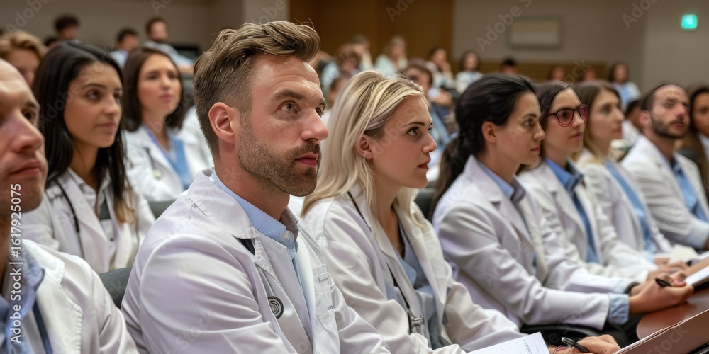 Fototapeta premium Medical professionals attending a conference in modern auditorium