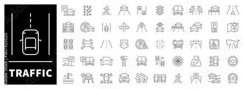 Traffic road signs, traffic lights, lanes, signals, and vehicle movement symbols in a 50-icon linear set