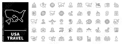 USA travel, iconic landmarks, transportation, tourism, and national symbols set of 50 linear icons. American destinations and travel essentials minimal icon collection.
