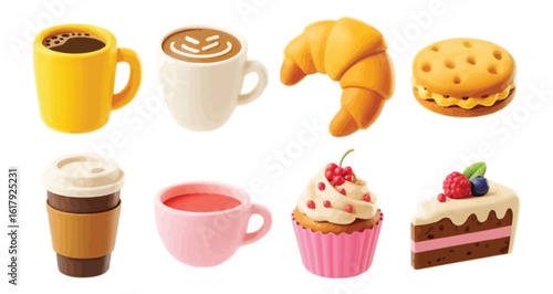 Set of eight illustrated dessert and drink icons including coffee mugs, croissant, cupcake, and layered cake, perfect for café and snack designs