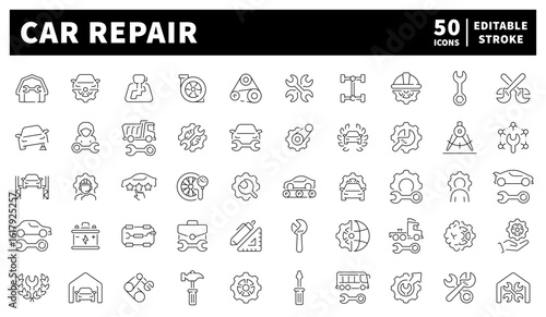 Car repair service, vehicle maintenance icons. Set of 50 linear icons related to car service