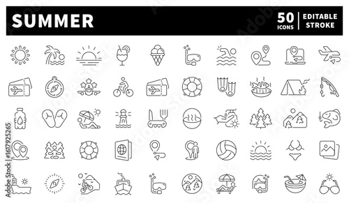 Summer vector icons collection. Summer, sun, ice cream, beach items, sunglasses, and warm weather. Set of 50 linear icons related to summer
