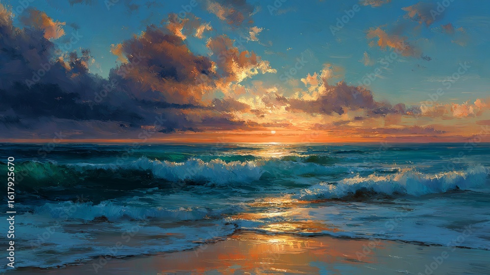 Obraz premium Vibrant ocean sunset with dramatic clouds. AI generated