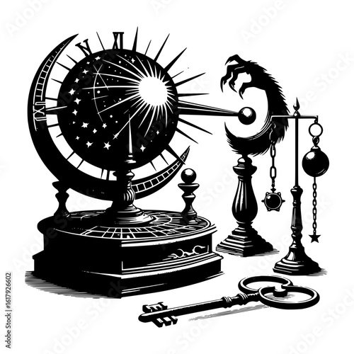 Mysterious celestial orrery and ancient key with moon symbolism