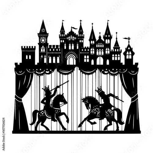 Silhouette of a medieval jousting tournament on horseback with a castle backdrop