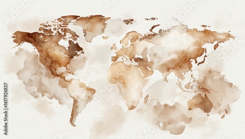 Watercolor world map in warm browns