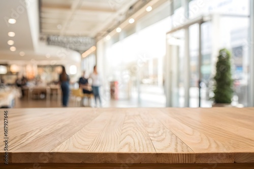 Wallpaper Mural Light wood table top; blurred cafe interior; daytime ambiance; calm mood; spacious setting. Torontodigital.ca