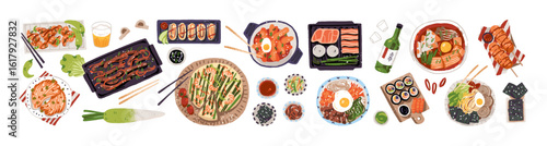 Set of meals of Korean cuisine. Different East Asian food- bowl of soup with noodle, sushi and meat. Top view of eating, fastfood in Korea, Asia. Flat isolated vector illustrations on white background