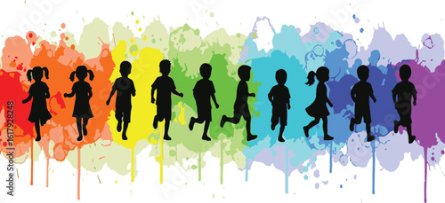 Silhouette of Kids Running on a Colorful Splatter Background
