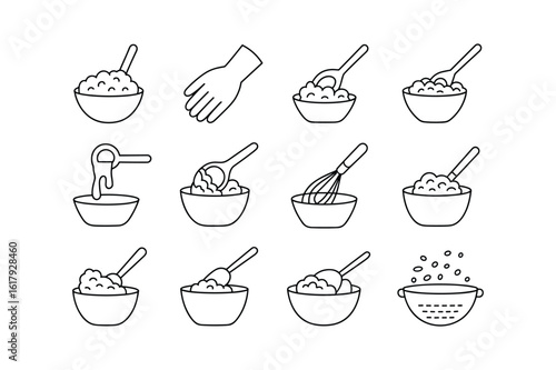 Bowls of food with spoons whisk and colander vector